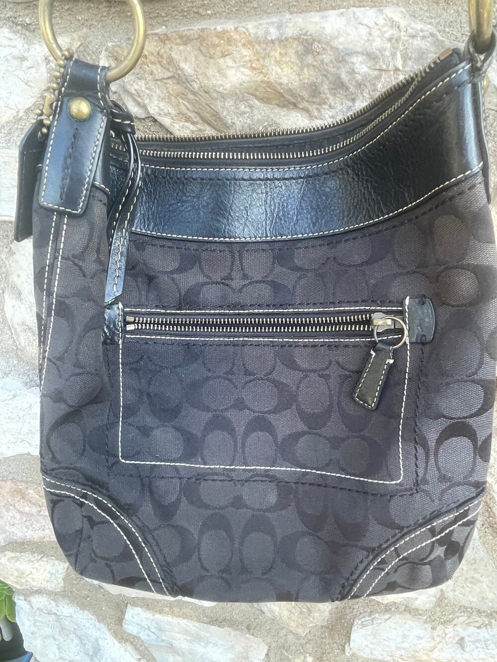 Coach #10403 purse black signature logo jacquard bronze hardware